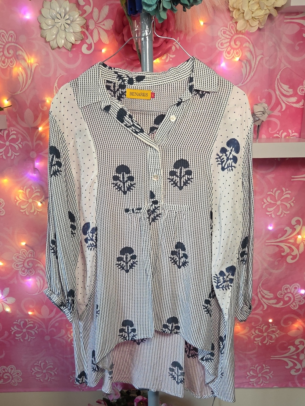 Benares Navy & White Printed Button-Up Tunic